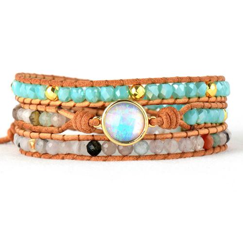 Opal Bracelet, with cowhide cord & Crystal, handmade, multilayer & Bohemian style & for woman Approx 20-24 Inch 