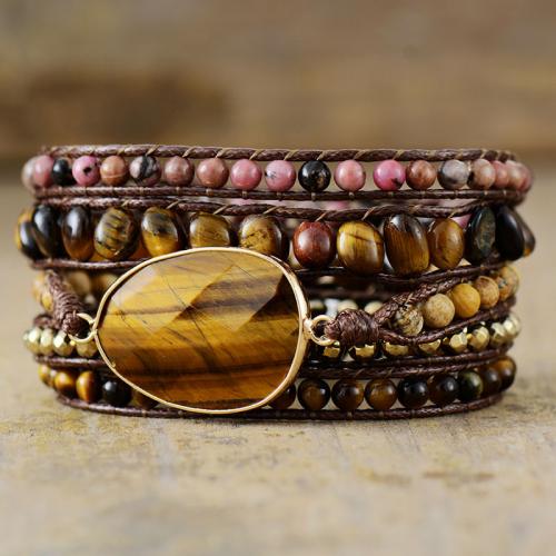 Tiger Eye Bracelet, with PU Leather & Zinc Alloy, handmade, multilayer & Bohemian style & for woman Approx 20-24 Inch 