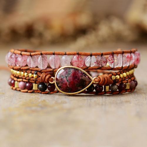 Natural Stone Bracelet, with PU Leather & Quartz, Oval, handmade, multilayer & Bohemian style & for woman Approx 20-24 Inch 