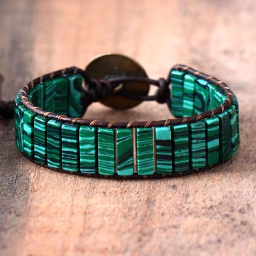 Malachite bracelet, avec cuir PU, fait à la main, Style bohème & unisexe Environ 7-11 pouce, Vendu par PC