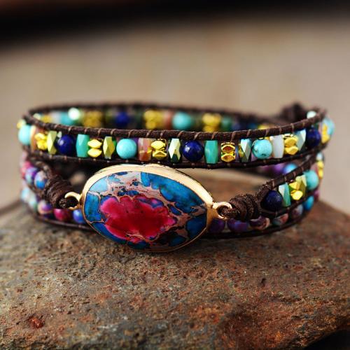 Natural Stone Bracelet, with PU Leather, Teardrop, handmade, multilayer & for woman Approx 20-24 Inch 