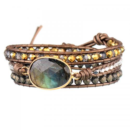 Labradorite Bracelet, with cowhide cord & Crystal, Oval, handmade, multilayer & for woman Approx 20-24 Inch 