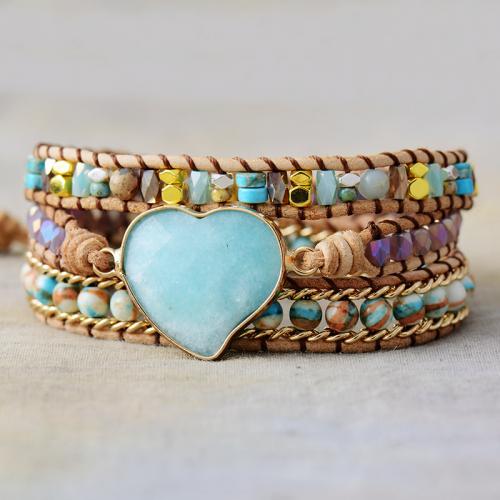 ​Amazonite​ Bracelet, with PU Leather, Heart, handmade, multilayer & Bohemian style & for woman Approx 20-24 Inch 