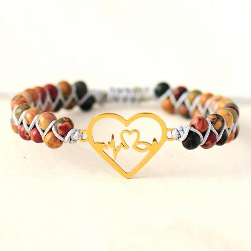 Gemstone Bracelet, with Polyester Cord & Zinc Alloy, Heart, handmade, Double Layer & Unisex Approx 7-11 Inch 