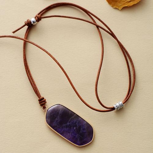 Gemstone Necklace, with cowhide cord & Zinc Alloy, Geometrical Pattern & Unisex Approx 23.6 Inch 