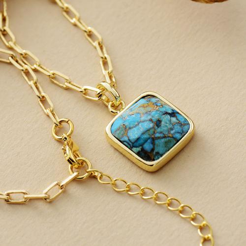 Natural Turquoise Necklace, with Zinc Alloy, Square, 18K gold plated, fashion jewelry & for woman Approx 17.7 Inch 