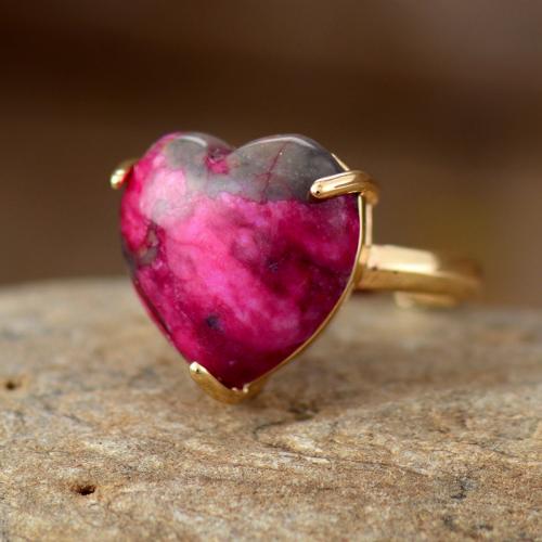 Brass Cuff Finger Ring, with Natural Stone, Heart, gold color plated, fashion jewelry & adjustable & for woman, US Ring 