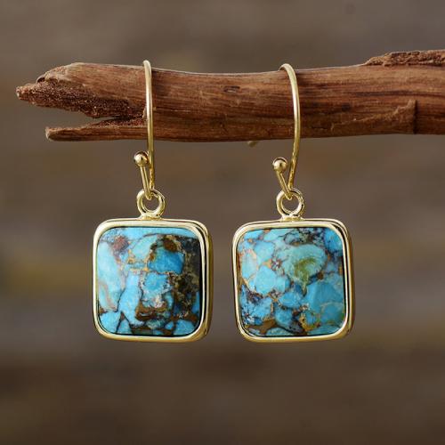 Natural Turquoise Drop Earring, with Brass, Square, gold color plated, Bohemian style & for woman 