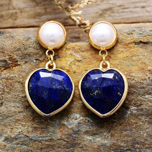 Gemstone Drop Earring, with Plastic Pearl & Brass, Heart, gold color plated, fashion jewelry & for woman 