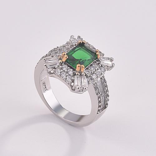 Rhinestone Brass Finger Ring, with Cubic Zirconia, Square, plated, fashion jewelry & for woman & with rhinestone, green, nickel, lead & cadmium free 