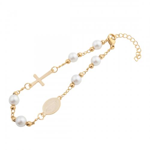Stainless Steel Charm Bracelet, 304 Stainless Steel, with Plastic Pearl, fashion jewelry & for woman, golden Approx 21 cm 