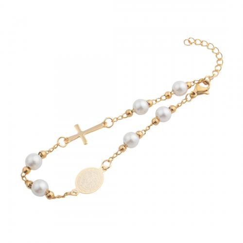 Bracelet en acier inoxydable, Acier inoxydable 304, avec perle de plastique, bijoux de mode & pour femme, doré Environ 21 cm, Vendu par PC