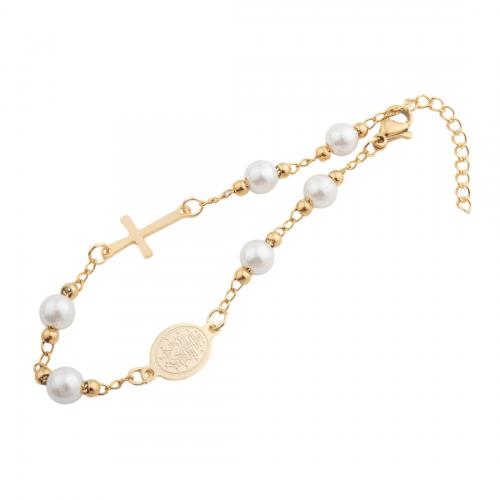 Stainless Steel Charm Bracelet, 304 Stainless Steel, with Plastic Pearl, fashion jewelry & for woman, golden Approx 21 cm 