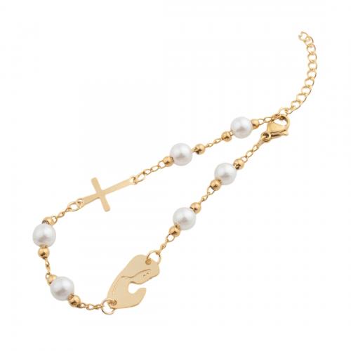 Stainless Steel Charm Bracelet, 304 Stainless Steel, with Plastic Pearl, fashion jewelry & for woman, golden Approx 20.5 cm 