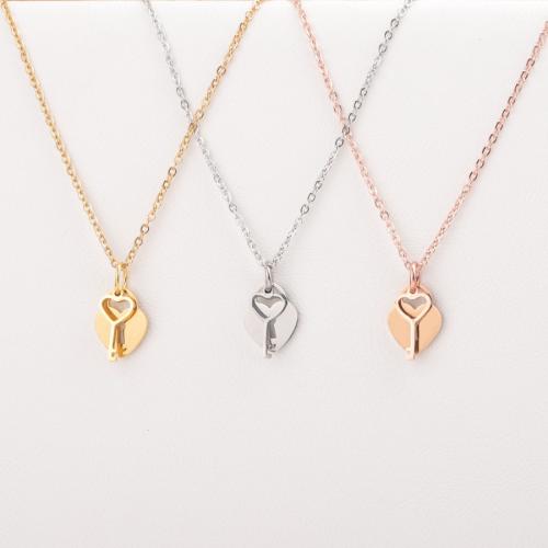 Stainless Steel Jewelry Necklace, 304 Stainless Steel, heart and key, polished, fashion jewelry & Unisex Key pendant 6.5*13mm,Concentric lock12*3mm Approx 45 cm 
