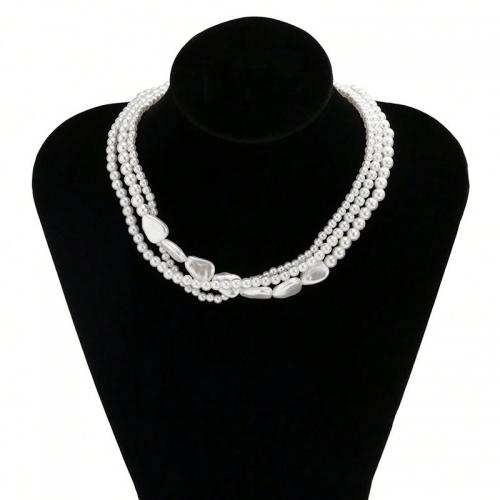 Plastik-Perlenkette, Kunststoff Perlen, mit Zinklegierung, mit Verlängerungskettchen von 7cm, Modeschmuck & mehrschichtig & für Frau, weiß, Länge:ca. 35 cm, verkauft von PC