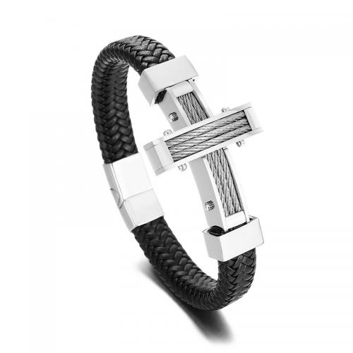 PU Leather Cord Bracelets, with 304 Stainless Steel, Cross, Vacuum Ion Plating, fashion jewelry & for man 12mm Approx 22 cm 