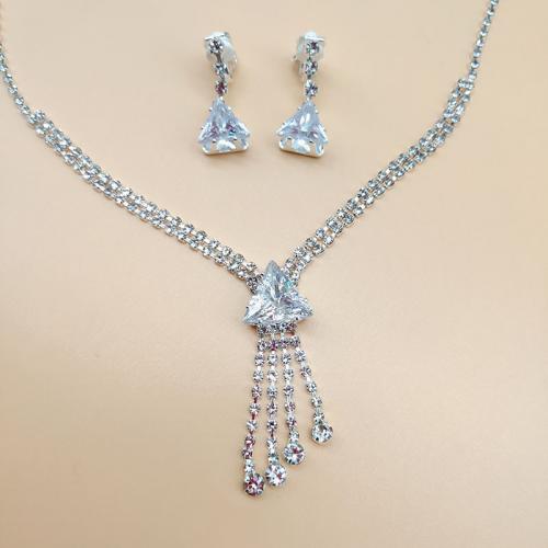 Brass Jewelry Set, earring & necklace, silver color plated & for woman & with rhinestone cm 