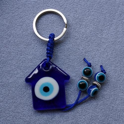 Turquie verre porte-clés, chalumeau, avec Fil de coton & alliage de zinc, Placage, unisexe & motif de mauvais œil, bleu, 150mm, Vendu par PC