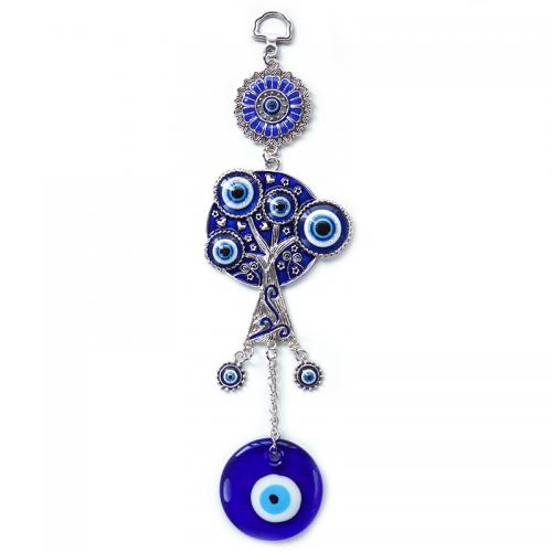 Lampwork Windbell, with Zinc Alloy, Round, plated, for home and office & evil eye pattern & enamel, blue, 250mm 