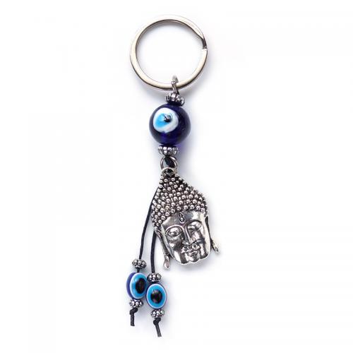 Turquie verre porte-clés, avec corde en nylon & résine & alliage de zinc, Placage de couleur argentée, bijoux de mode & motif de mauvais œil, bleu, 120mm, Vendu par PC