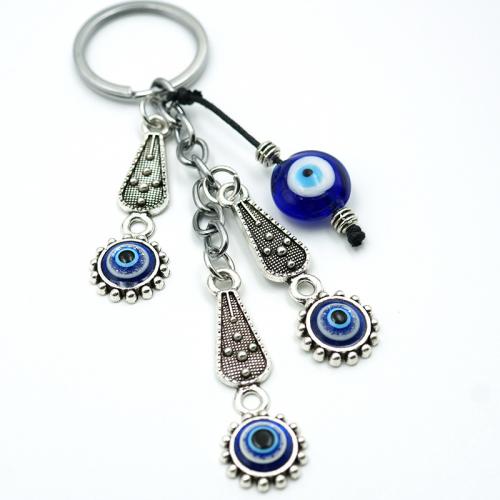 Turquie verre porte-clés, avec alliage de zinc, Placage de couleur argentée, bijoux de mode & motif de mauvais œil, bleu, 120mm, Vendu par PC