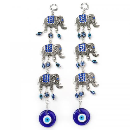 Lampwork Hanging Ornaments, Elephant, silver color plated, for home and office & evil eye pattern & with rhinestone, blue, 300mm 