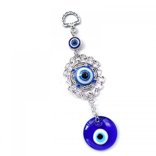 Glass Hanging Ornaments, with Zinc Alloy, Round, silver color plated, car design & evil eye pattern, blue, 155mm 