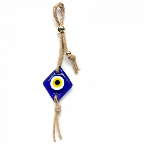 Böse Augen Murano Schlüsselanhänger, Glas, mit Hanfgarn, Rhombus, Modeschmuck & böser Blick- Muster, blau, 55x45mm, verkauft von PC
