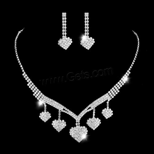 Brass Jewelry Set, earring & necklace, with 15CM extender chain, Heart, silver color plated, for woman & with rhinestone 