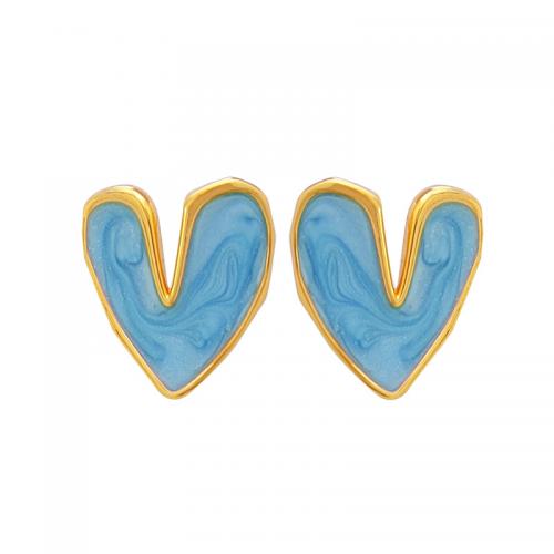 Brass Stud Earring, Heart, real gold plated, for woman & enamel 