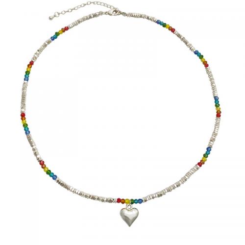 Edelstein-Chip-Halsketten, Messing, mit Obsidian & Glas, mit Verlängerungskettchen von 6CM, Herz, vergoldet, für Frau, Silberfarbe, Länge:ca. 40.5 cm, verkauft von PC