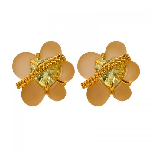 Cubic Zirconia Micro Pave Brass Earring, with Resin, petals, real gold plated, micro pave cubic zirconia & for woman 