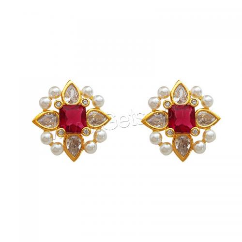 Cubic Zirconia Micro Pave Brass Earring, with Glass Pearl, real gold plated, micro pave cubic zirconia & for woman, golden 
