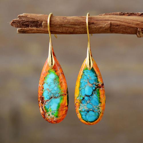 Impression Jasper Drop Earring, with Brass, Teardrop, gold color plated, Bohemian style & for woman 