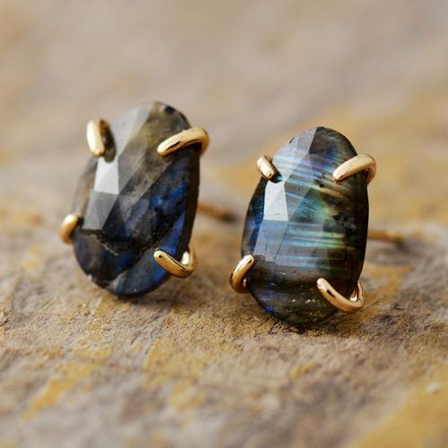 Labradorite Stud Earring, with Brass, Oval, gold color plated, Bohemian style & for woman 