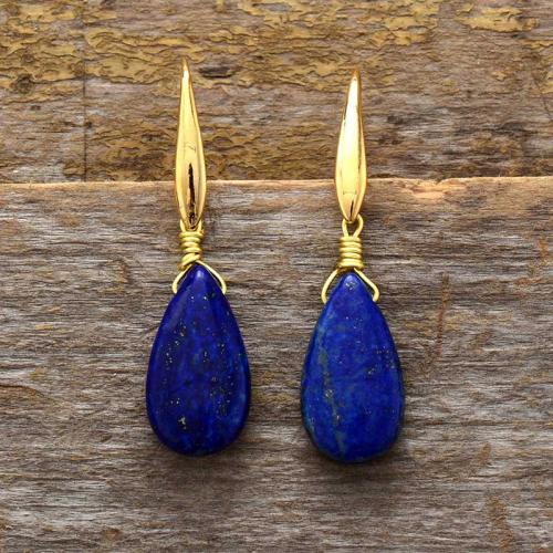 Lapis lazuli Boucle d'oreille goutte, avec laiton, larme, Placage de couleur d'or, Style bohème & pour femme Vendu par paire