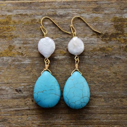 Natural Turquoise Drop Earring, with Plastic Pearl & Brass, Teardrop, gold color plated, Bohemian style & for woman 