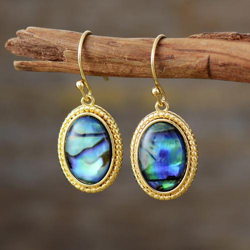 Abalone Shell Drop Earring, with Brass, Oval, gold color plated, Bohemian style & for woman 
