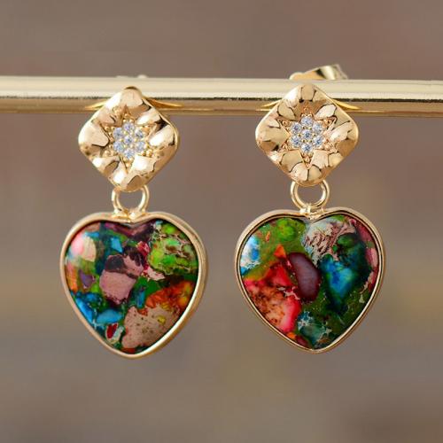 Impression Jasper Drop Earring, with Brass, Heart, gold color plated, Bohemian style & micro pave cubic zirconia & for woman 