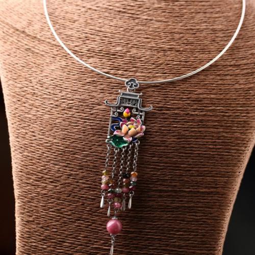 Brass Collar, with Rhodonite & Tourmaline, Lotus, silver color plated, vintage & Hand-Painted Enamel Glaze & for woman Approx 17.7 Inch 