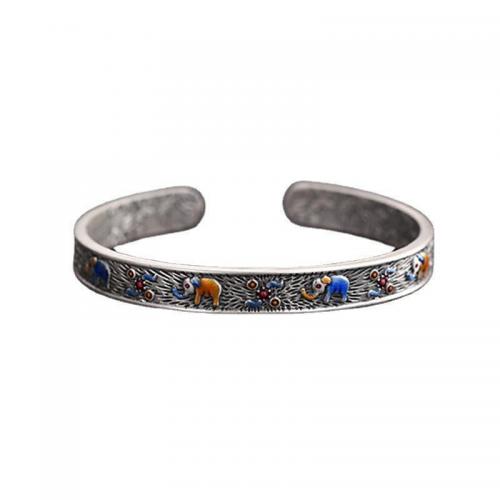 Brass Cuff Bangle, silver color plated, Hand-Painted Enamel Glaze & folk style & Unisex, Inner Approx 60mm 