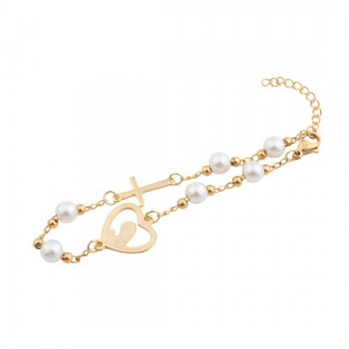Bracelet en acier inoxydable, Acier inoxydable 304, avec perle de plastique, bijoux de mode & pour femme, doré Environ 20.5 cm, Vendu par PC