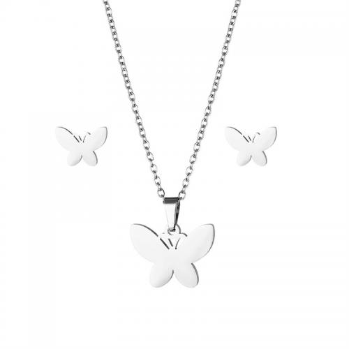 Fashion Stainless Steel Jewelry Sets, 304 Stainless Steel, Stud Earring & necklace, Butterfly, 2 pieces & fashion jewelry & for woman, silver color Approx 45 cm 