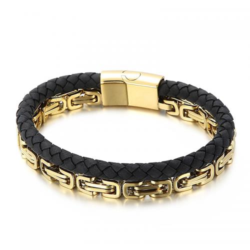 PU Leather Cord Bracelets, 304 Stainless Steel, with PU Leather, Vacuum Ion Plating, fashion jewelry & for man Approx 21 cm 
