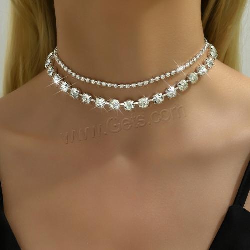 Rhinestone Brass Necklace, with 16CM extender chain, silver color plated, Double Layer & for woman & with rhinestone cm 