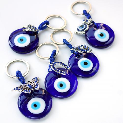 Evil Eye Key Chain, Glass, with Nylon Cord & Zinc Alloy, Round, plated, evil eye pattern & with rhinestone 