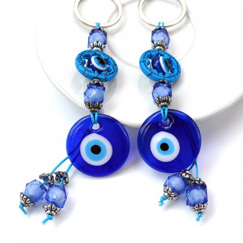 Evil Eye Key Chain, Glass, with Nylon Cord & Zinc Alloy, Round, plated, evil eye pattern & with rhinestone, blue, 160mm 