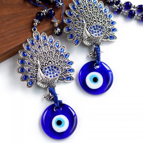 Hanging Ornaments, Glass, with Zinc Alloy, Peacock, silver color plated, fashion jewelry & evil eye pattern & with rhinestone, blue, 400mm 