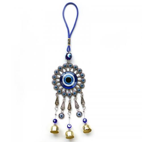 Glass Windbell, with Nylon Cord & Zinc Alloy, silver color plated, for home and office & evil eye pattern, blue, 330mm 